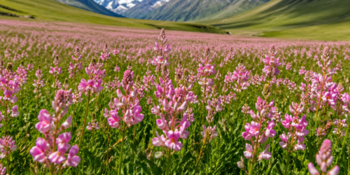 キルギスの高地に咲くエスパルセットの花畑 白いはちみつの原料となる植物の風景