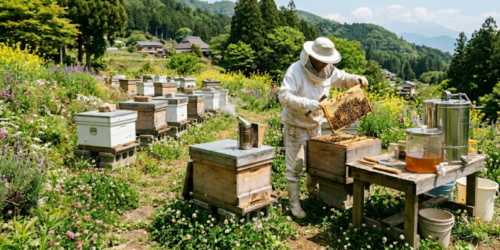 自然の中で蜂の巣箱と養蜂の服を着てはちみつを採集する人 養蜂環境